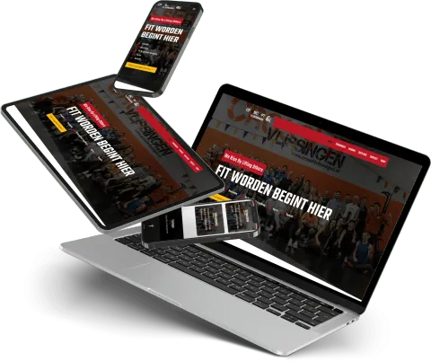 Voorbeeld van een responsive website op laptop, tablet en telefoon